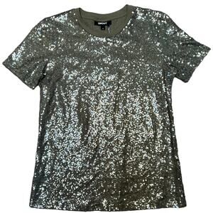 DKNY Sequin Top Olive Green Women's Size Extra Small XS Glitter Sparkle Crewneck